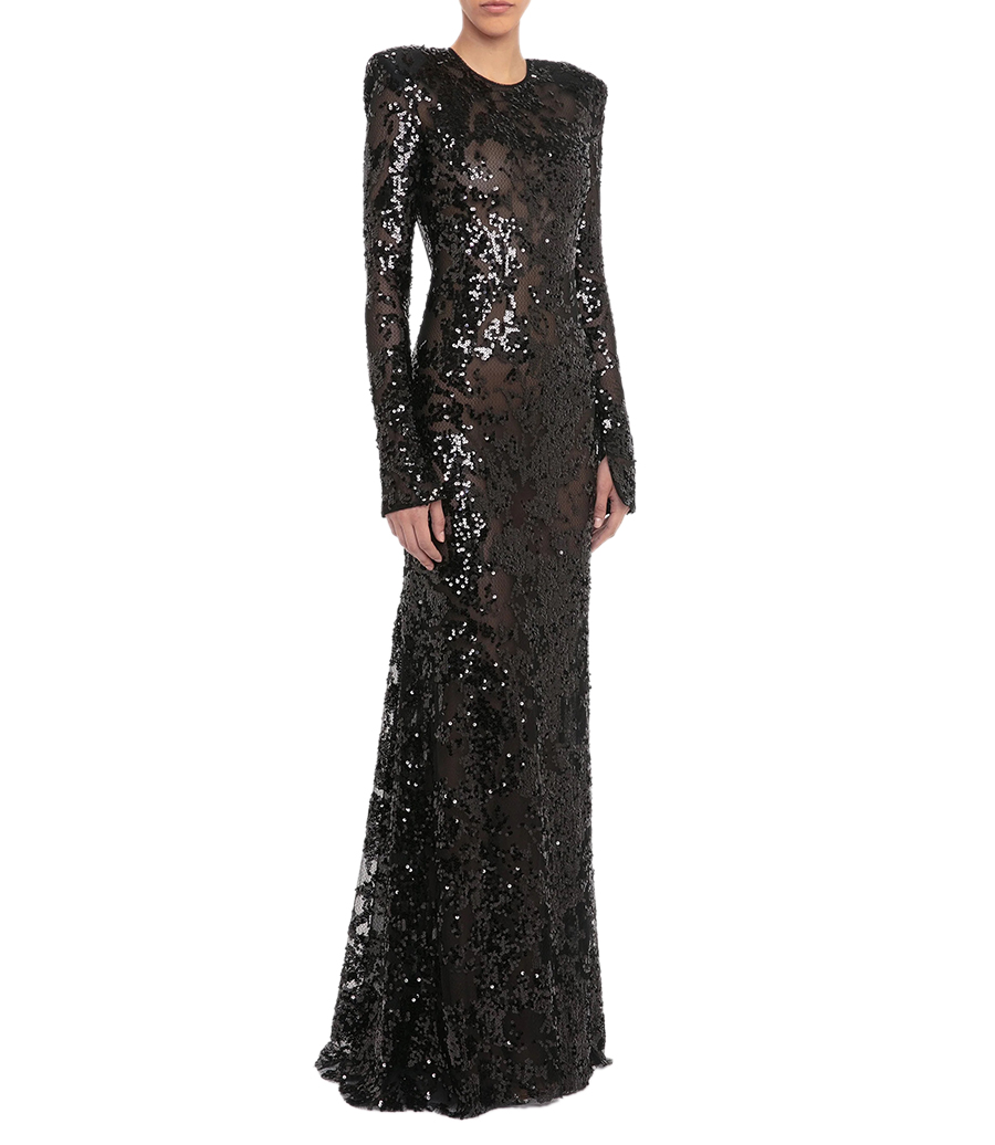 LONG SLEEVE BACKLESS SEQUIN GOWN