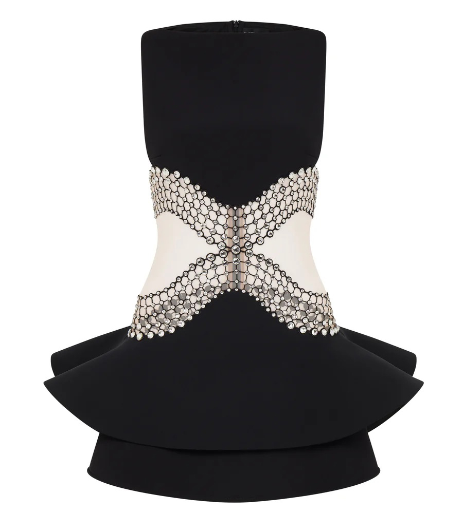 DAVID KOMA - CRYSTAL EMBROIDERED PEPLUM MINI DRESS