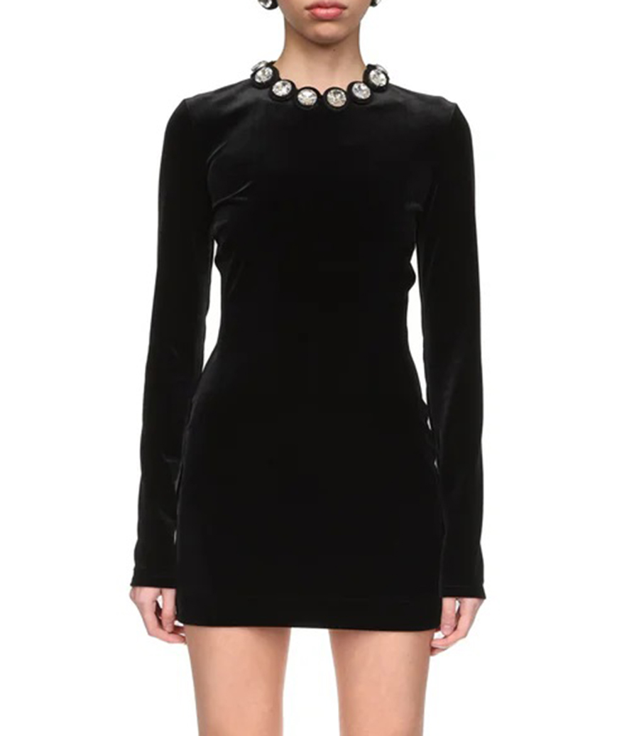 CRYSTAL EMBROIDERED VELVET MINI DRESS