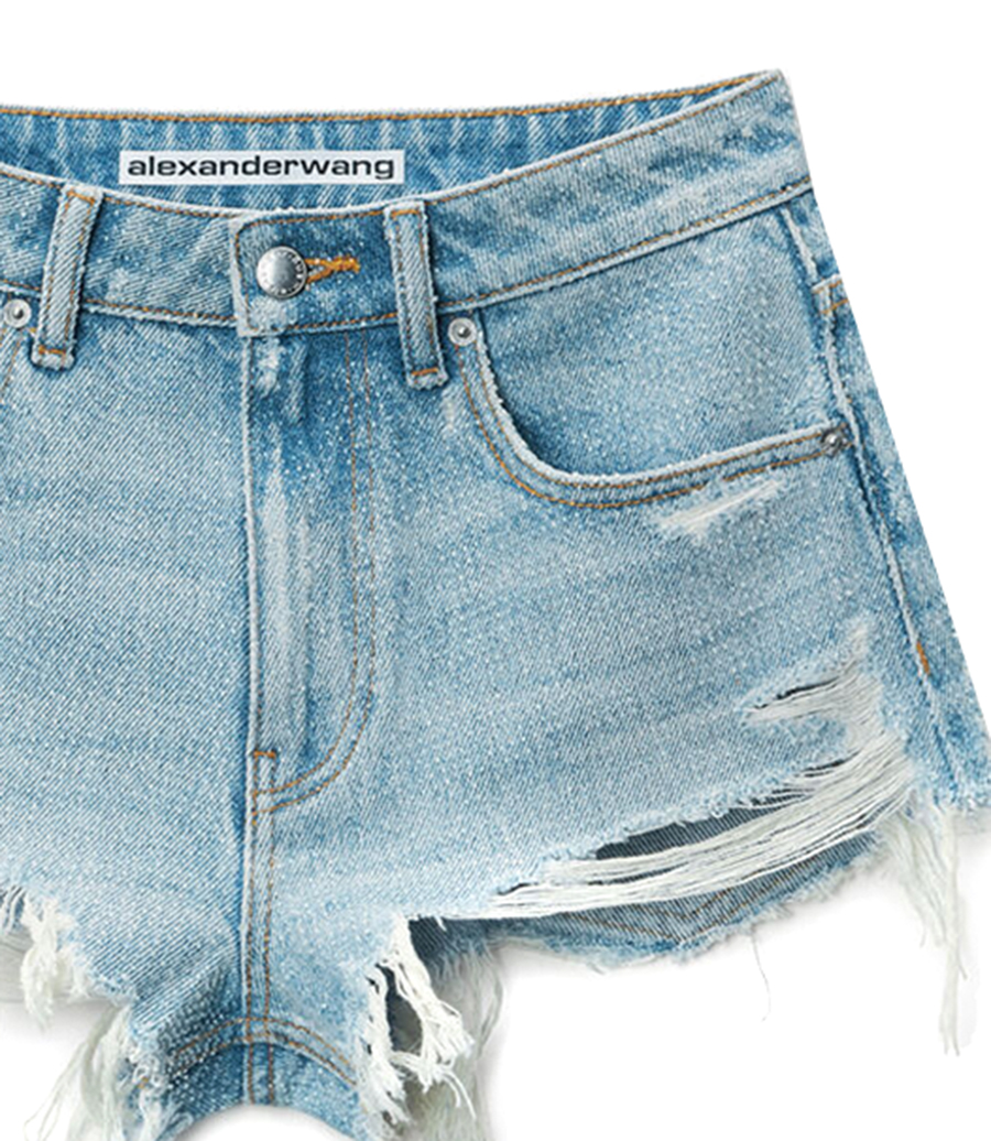 CLEAR BEAD HOTFIX DISTRESSED DENIM SHORTS