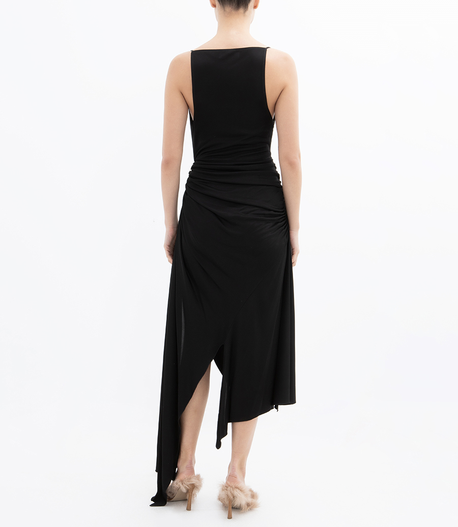 CRYSTAL CLAW EMBR DETAIL ASYMMETRIC DRESS