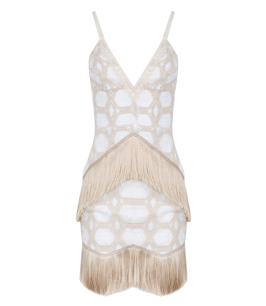 PATBO - NATURAL CROCHET PLUNGE MINI DRESS