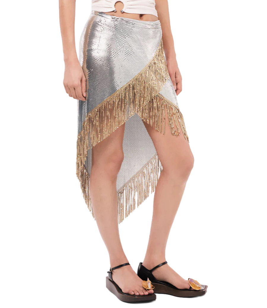 ASYMETRICAL CHAINMAIL SKIRT WITH GOLDEN METALIC FRINGES