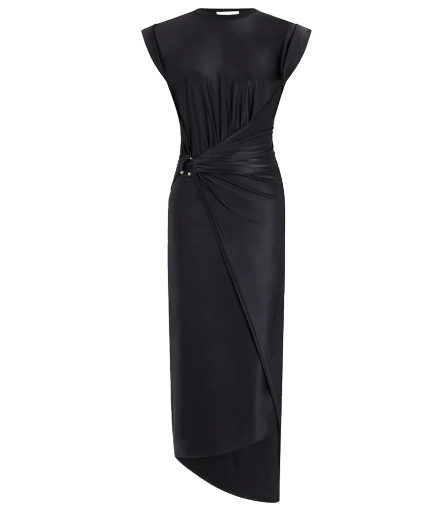 RABANNE - BLACK DRAPED DRESS WITH SIGNATURE PIERCING