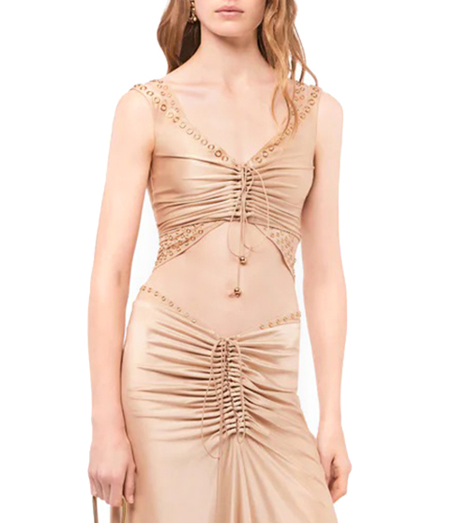 RAFFIA COLORED CROP TOP WITH EMBROIDERED METALLIC EYELETS