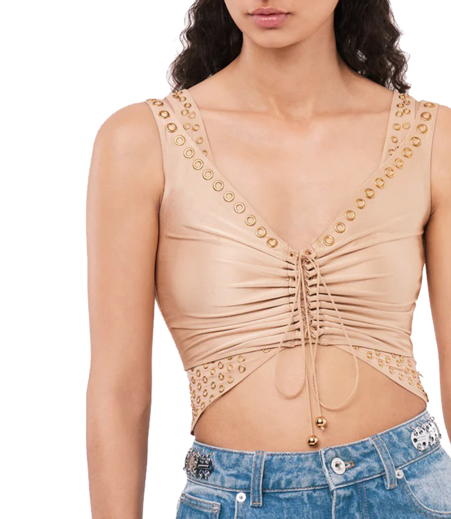 RAFFIA COLORED CROP TOP WITH EMBROIDERED METALLIC EYELETS