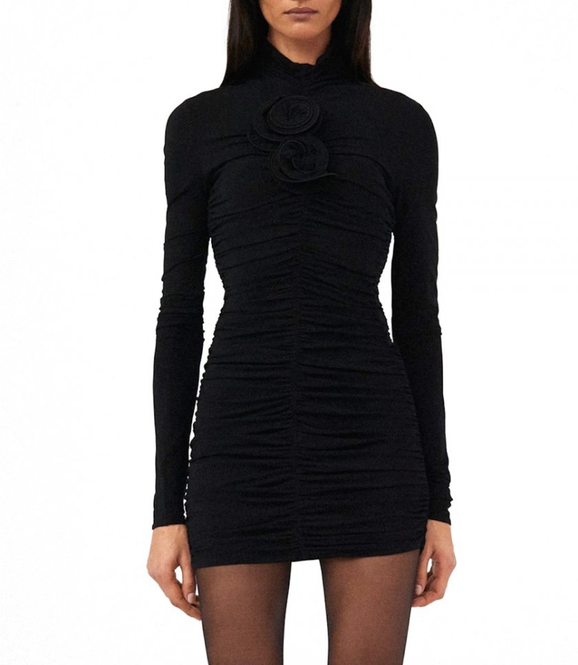 RUCHED FLORAL APPLIQUE TURTLENECK DRESS