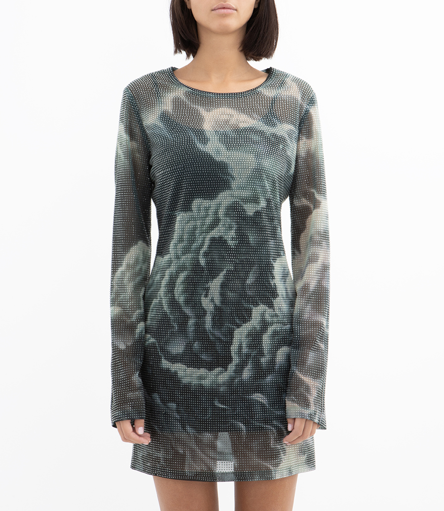 CRYSTAL HOTFIX CLOUD-PRINT SHEER MINIDRESS