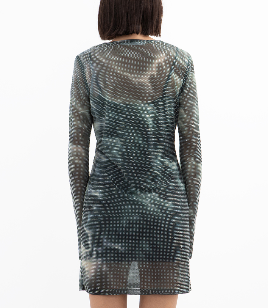 CRYSTAL HOTFIX CLOUD-PRINT SHEER MINIDRESS