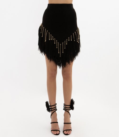 WOVEN SKIRT WITH KNITTED BEADS AND FEATHERS