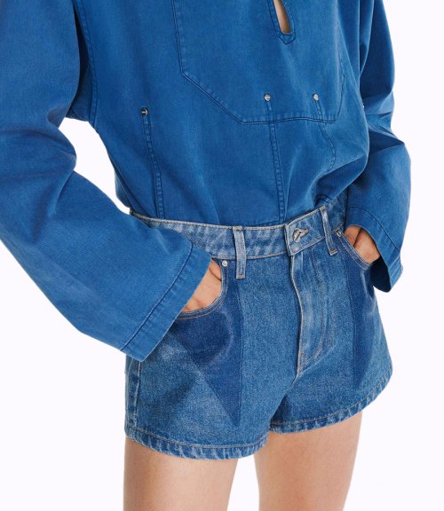 LAMINATED DARTED DENIM SHORT