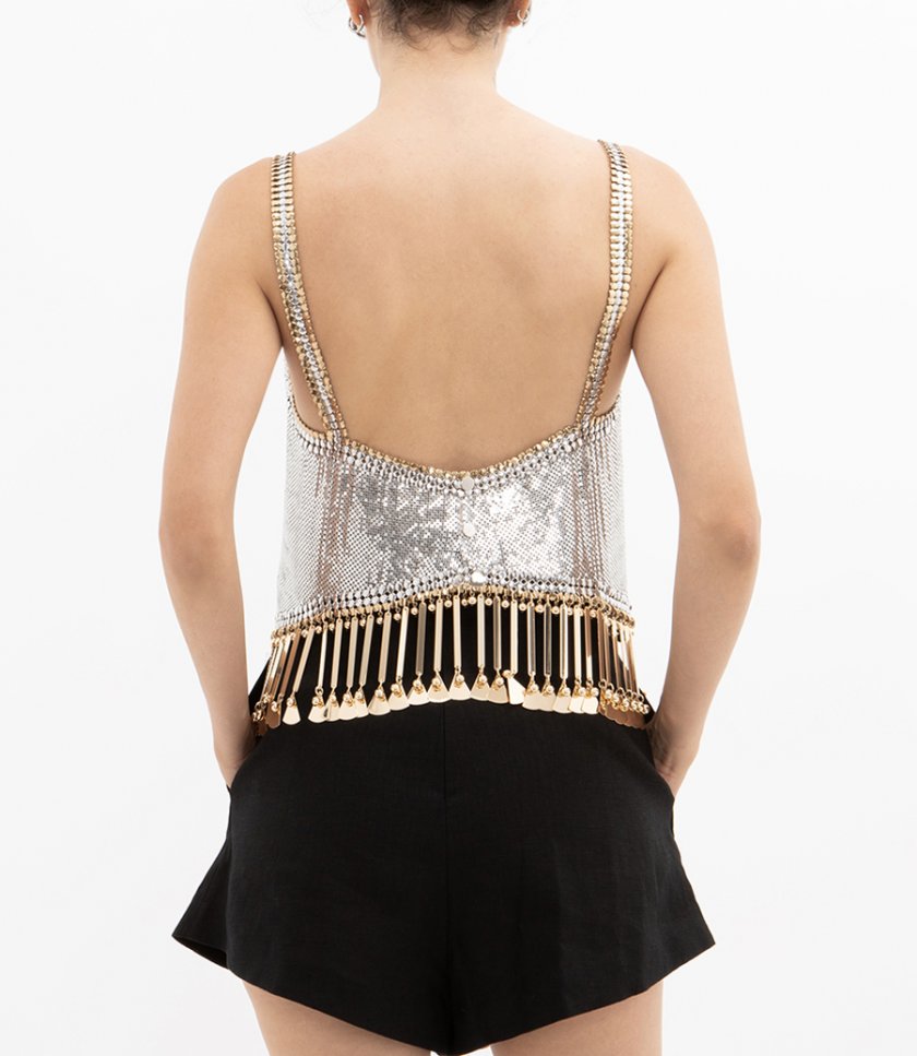 ASYMETRICAL CHAINMAIL TOP WITH GOLDEN METALLIC FRINGES