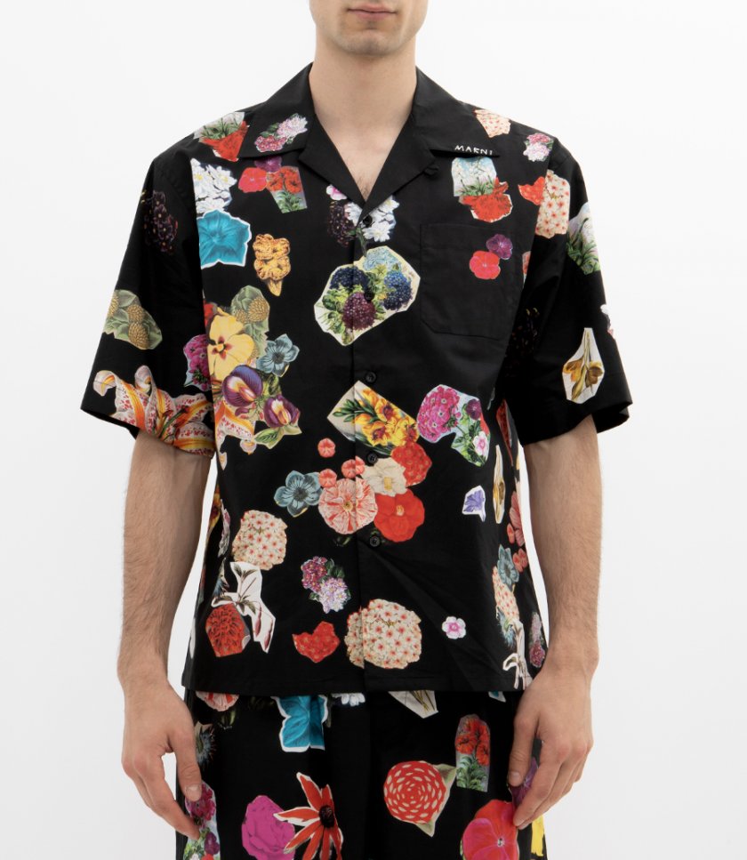 WHITE POPLIN BOWLING SHIRT WITH FLOWER PRINTS