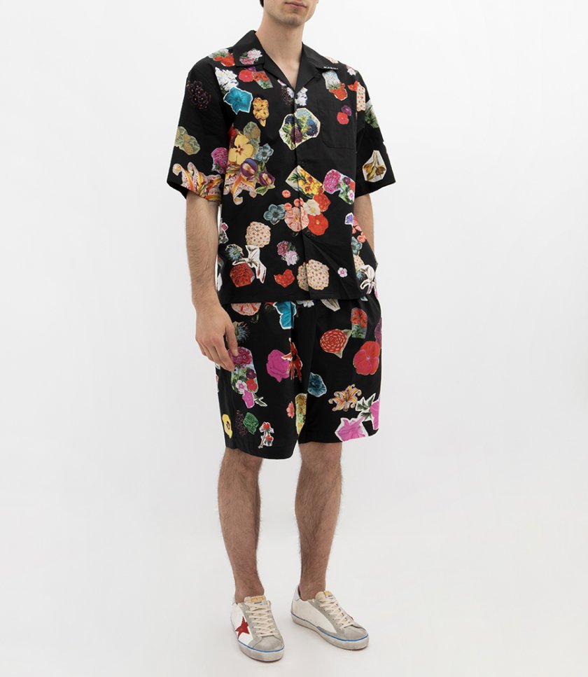 WHITE POPLIN BOWLING SHIRT WITH FLOWER PRINTS