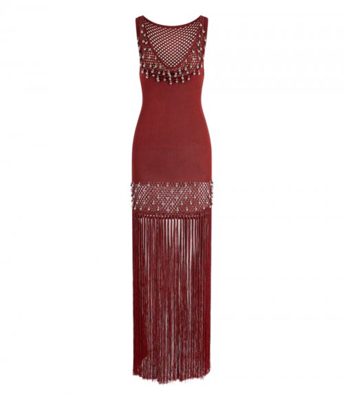 CROCHET EMBELLISHED DRESS WITH FRINGES AND PEARLS