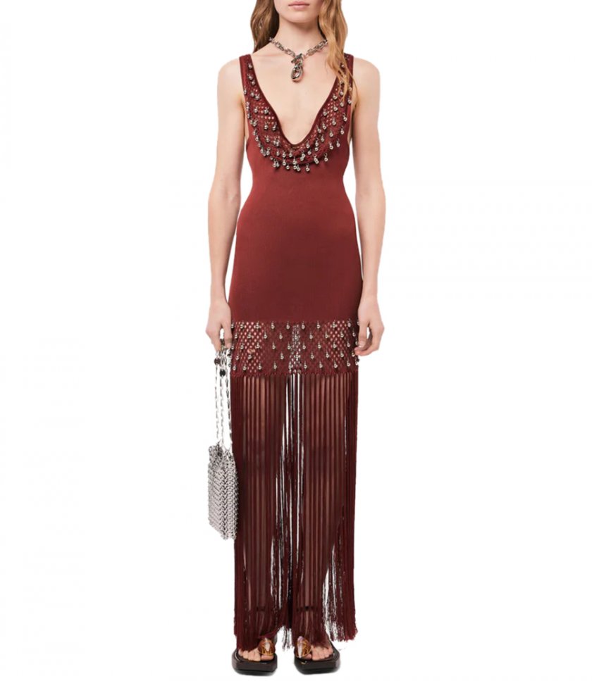 CROCHET EMBELLISHED DRESS WITH FRINGES AND PEARLS