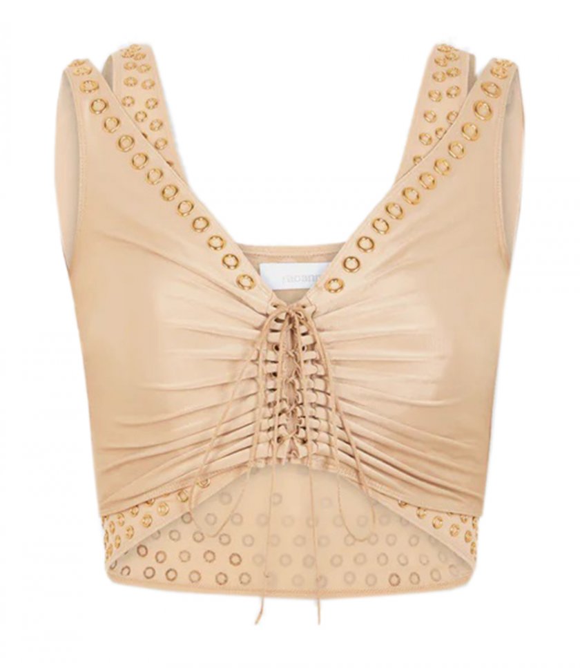 RABANNE - RAFFIA COLORED CROP TOP WITH EMBROIDERED METALLIC EYELETS