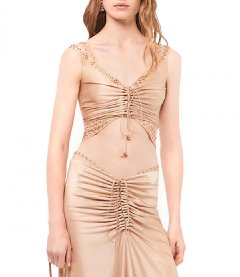 RAFFIA COLORED CROP TOP WITH EMBROIDERED METALLIC EYELETS