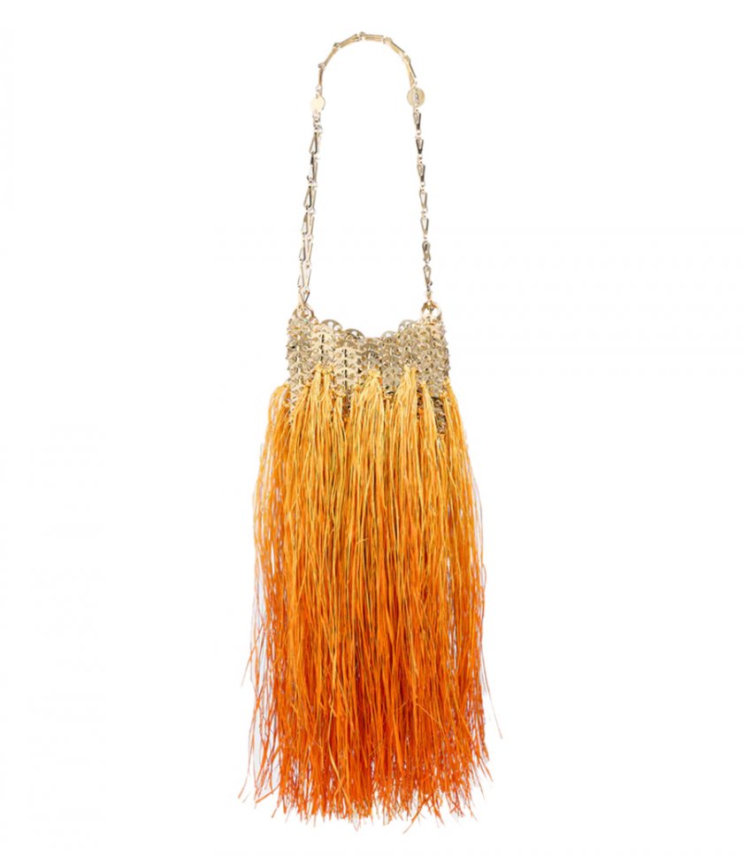 RABANNE - ICONIC GOLD 1969 NANO BAG HAND CRAFTED WITH RAFFIA FRINGES