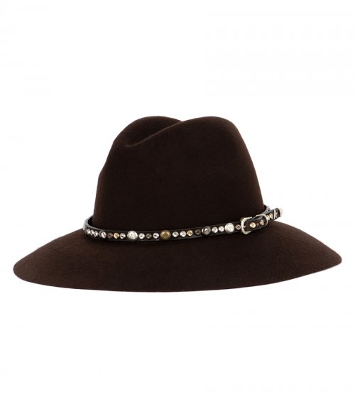 COFFEE-BROWN HAT WITH STUDDED LEATHER STRAP