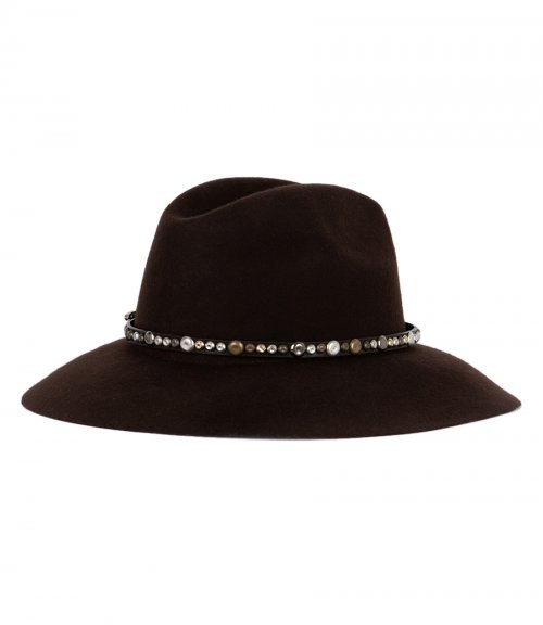 COFFEE-BROWN HAT WITH STUDDED LEATHER STRAP