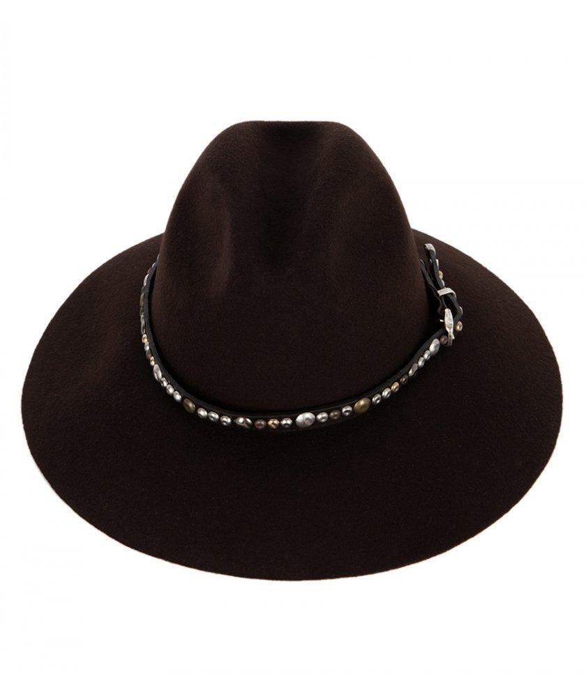 COFFEE-BROWN HAT WITH STUDDED LEATHER STRAP