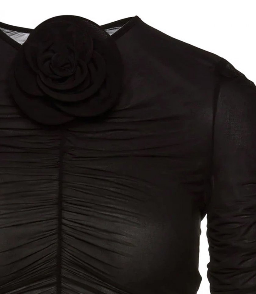 SHEER RUCHED ROSE APPLIQUE TOP