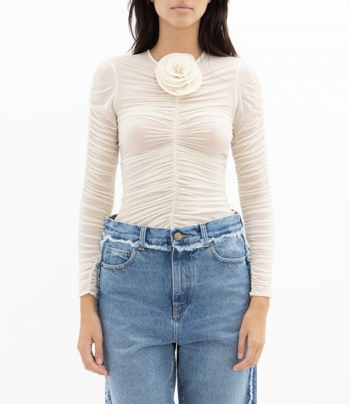 SHEER RUCHED ROSE APPLIQUE TOP