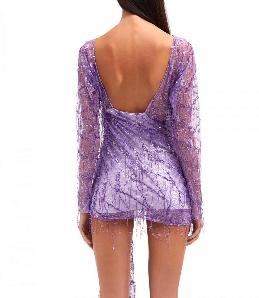 ENCASED BEADED IVY LACE L/S MINI DRESS