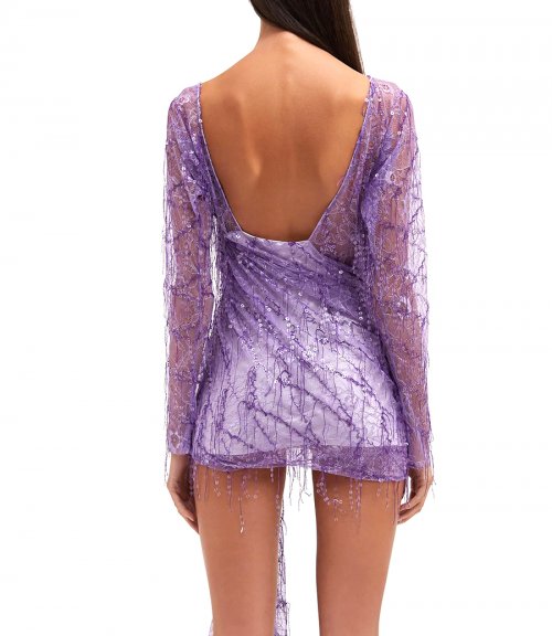 ENCASED BEADED IVY LACE L/S MINI DRESS