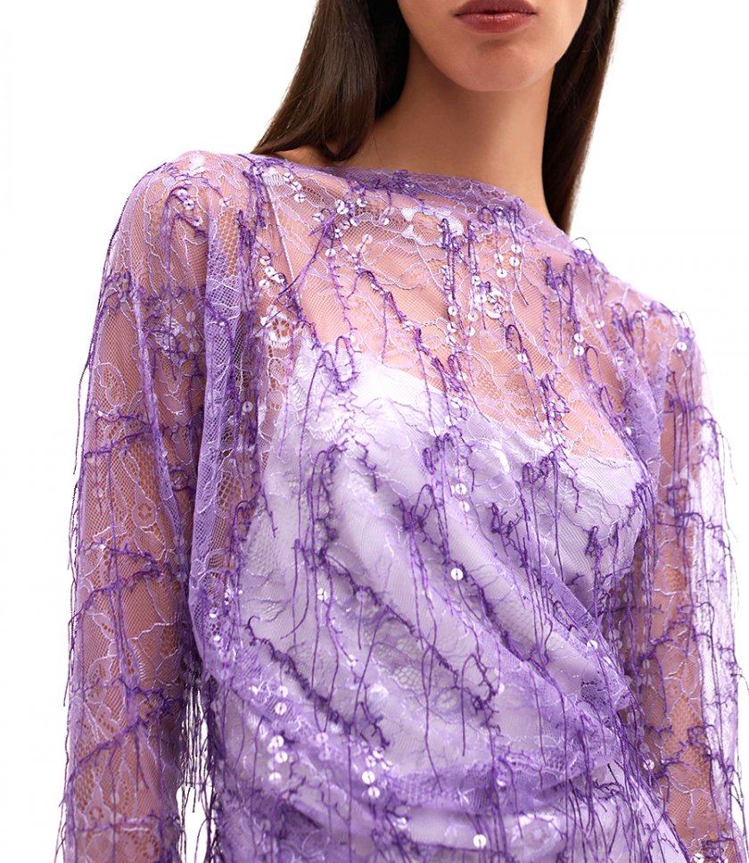 ENCASED BEADED IVY LACE L/S MINI DRESS