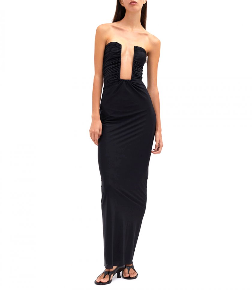 PLUNGE STRAPLESS COLUMN DRESS