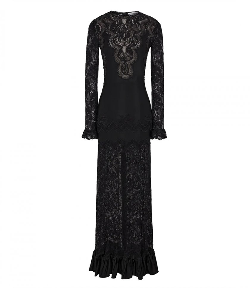 RABANNE - BLACK LONG DRESS IN JERSEY AND LACE