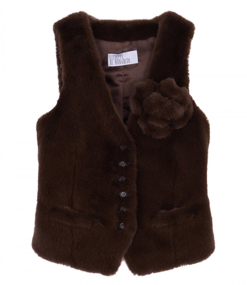 FAUX FUR VEST WITH FLORAL PIN DETAILING