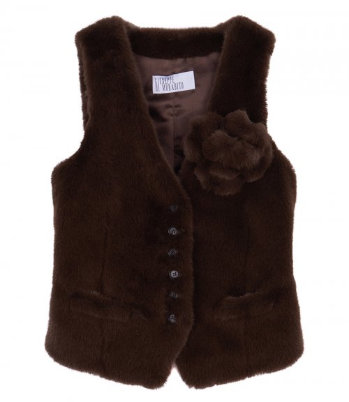 FAUX FUR VEST WITH FLORAL PIN DETAILING