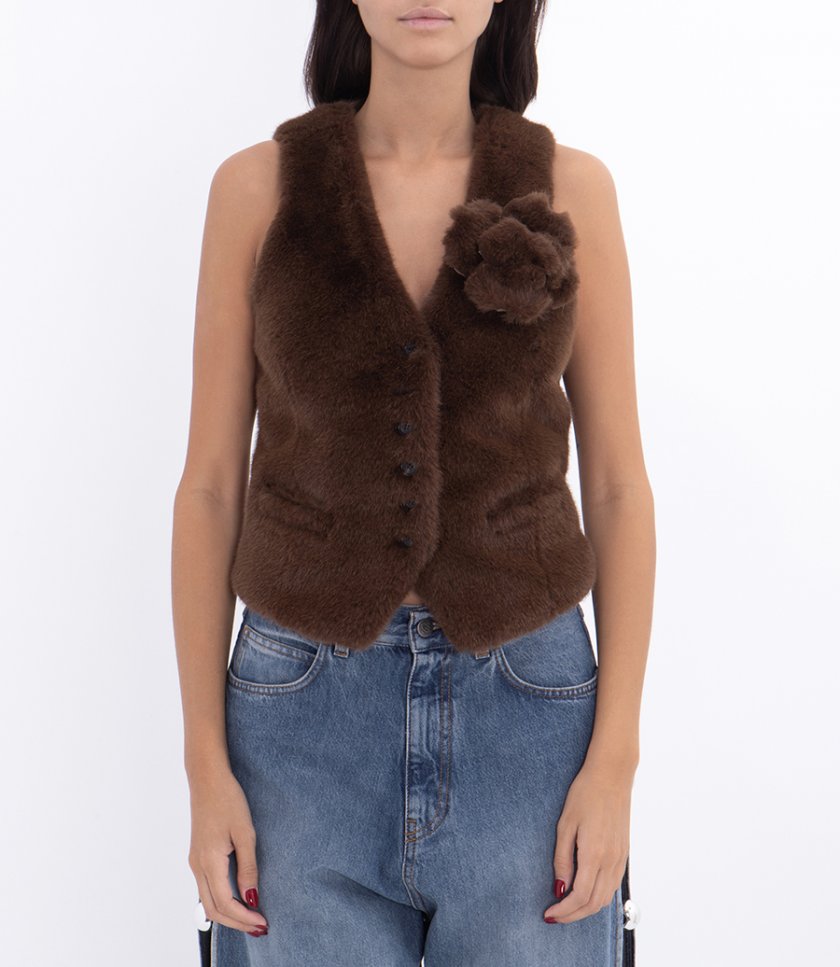 FAUX FUR VEST WITH FLORAL PIN DETAILING