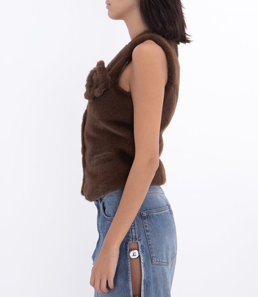 FAUX FUR VEST WITH FLORAL PIN DETAILING