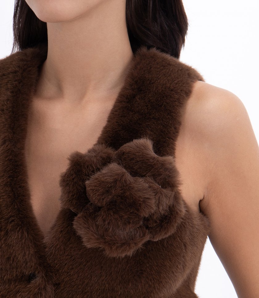 FAUX FUR VEST WITH FLORAL PIN DETAILING