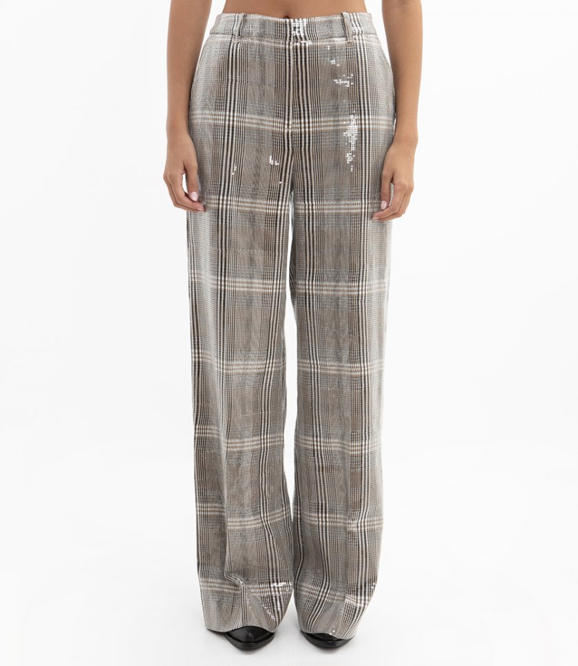 SEQUIN PLAID WIDE LEG PANT