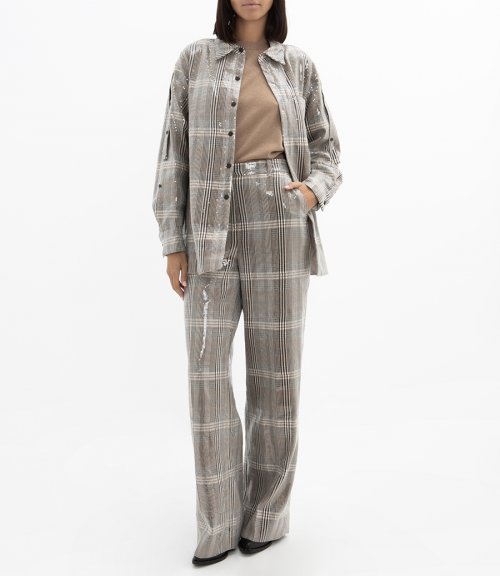 SEQUIN PLAID WIDE LEG PANT