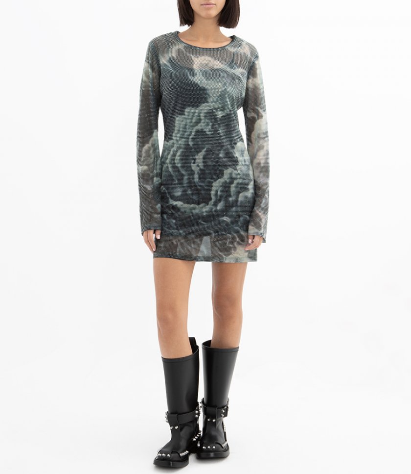 CRYSTAL HOTFIX CLOUD-PRINT SHEER MINIDRESS