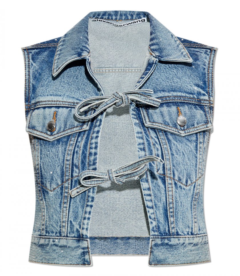 ALEXANDER WANG - TIED FRONT VEST TOP ALL OVER CLEAR BEAD