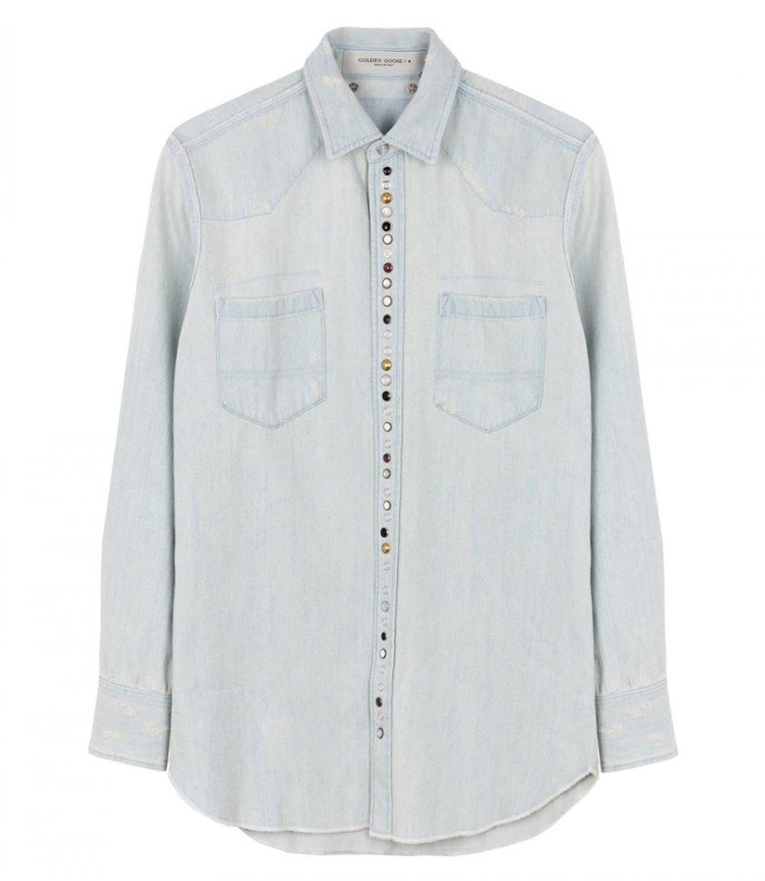 SHIRTS - MEN'S BLEACHED DENIM SHIRT WITH HAMMERED STUDS