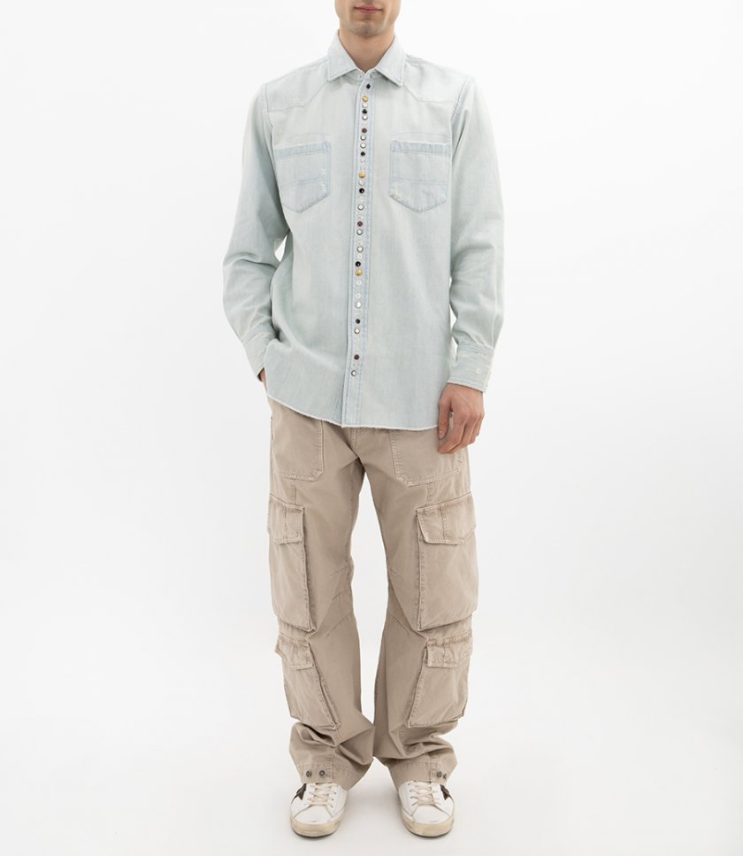 MEN'S BLEACHED DENIM SHIRT WITH HAMMERED STUDS