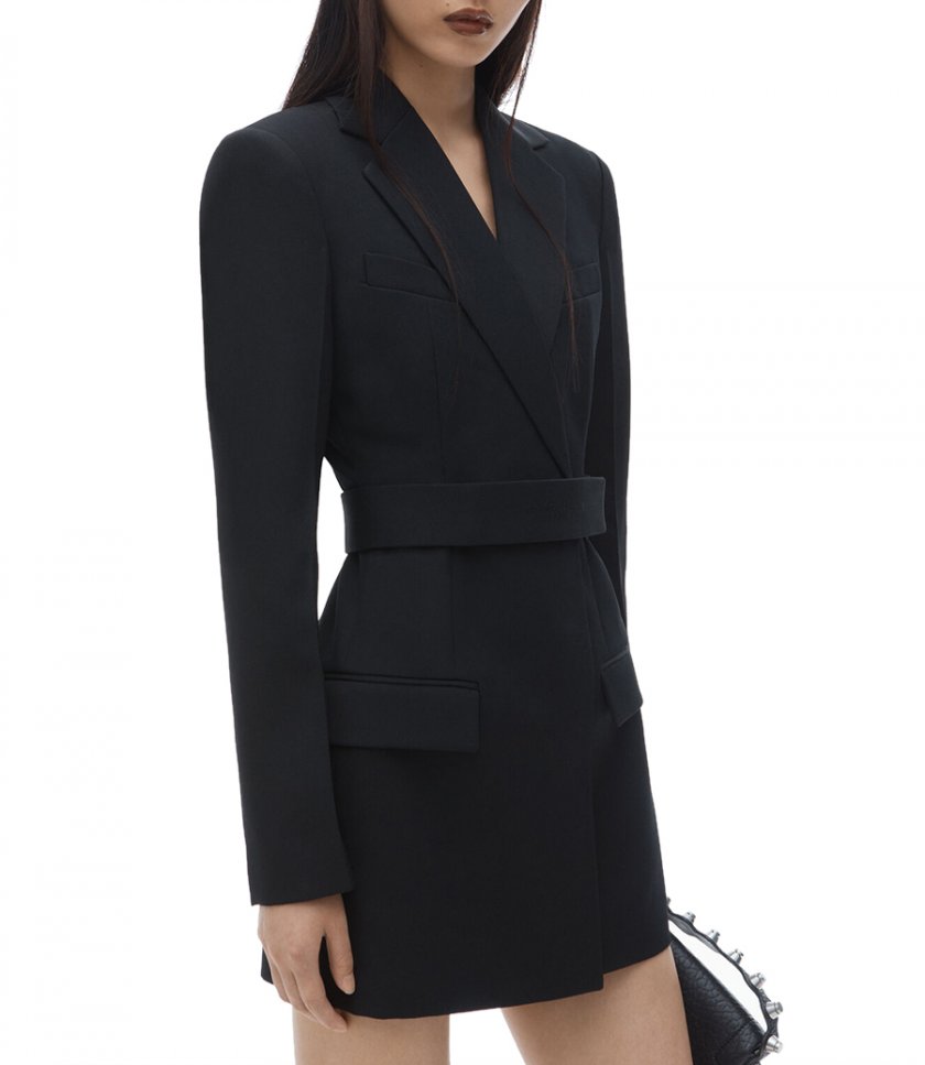 TAILORED BELTED BLAZER DRESS WITH LOGO EMBROIDERY