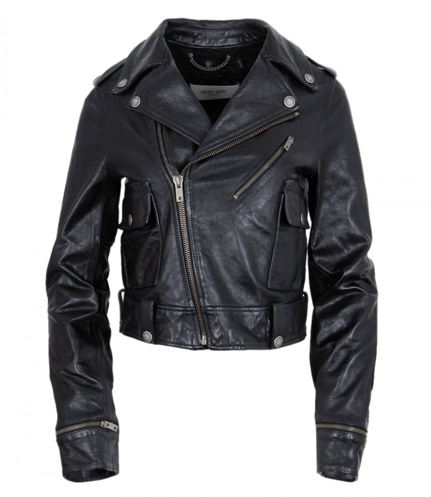 WOMEN’S BLACK LEATHER BIKER JACKET WITH GLOSSY EFFECT