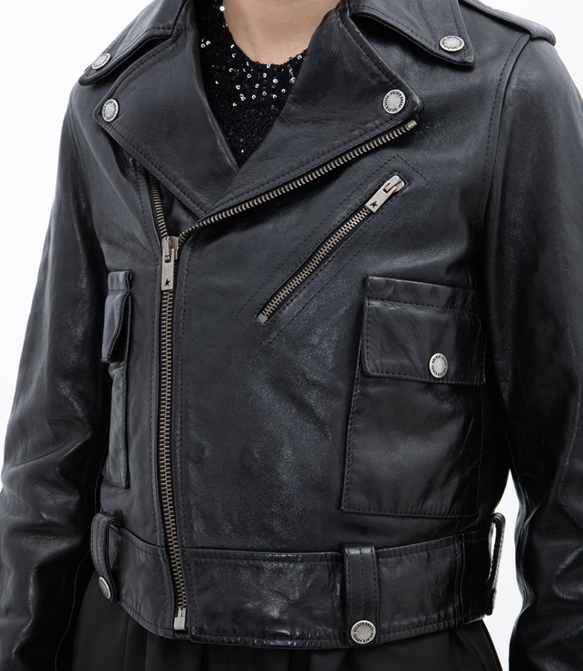 WOMEN’S BLACK LEATHER BIKER JACKET WITH GLOSSY EFFECT