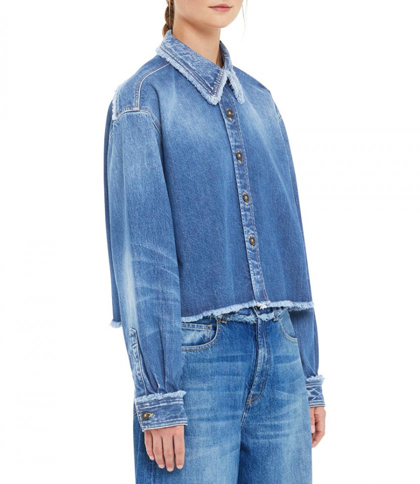 FRINGED CROPPED DENIM SHIRT