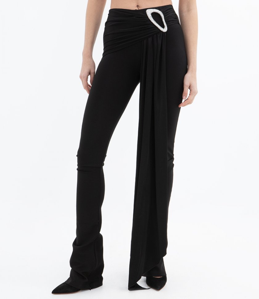 CRYSTAL BUCKLE EMBR & DRAPE OVERLAY TROUSERS