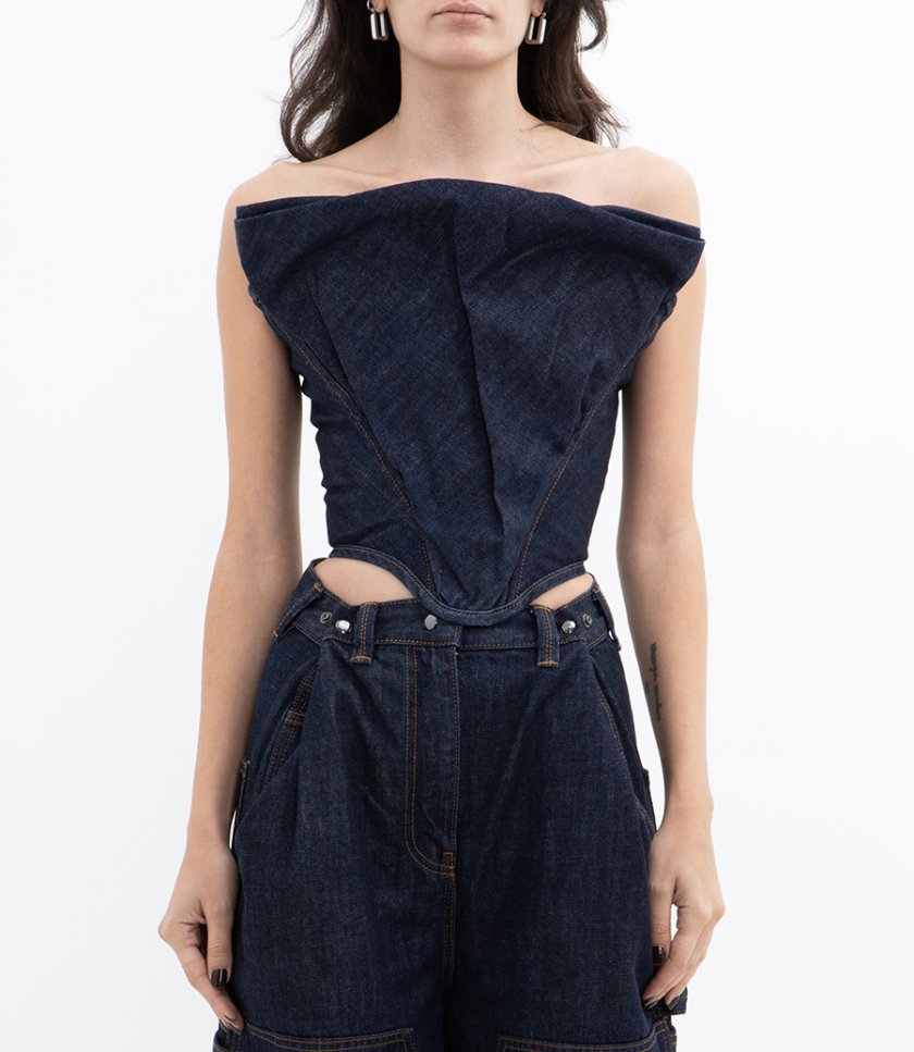 DRAPED STRAPLESS DENIM CORSET